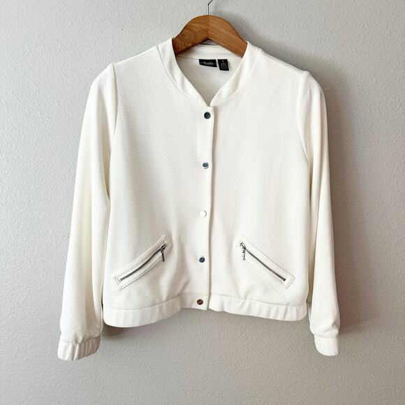 Chico's Size 1 Travelers Collection Textured Knit Bomber Jacket Women's Size Med - Picture 1 of 12